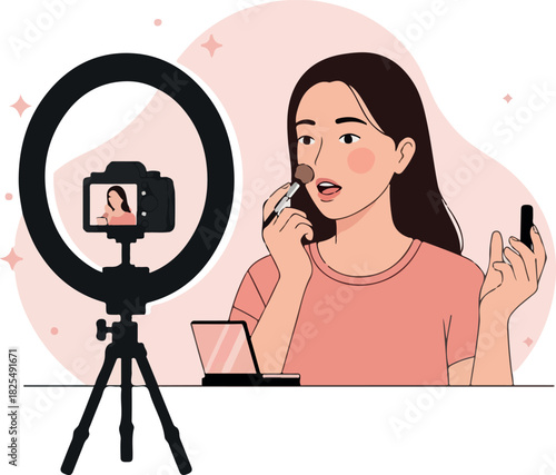 Woman Applying Makeup For Online Video Recording