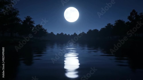 Full moon reflecting on a peaceful river at night, trees on horizon