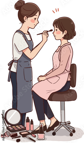 Woman Applying Makeup On Another Woman With Makeup Products