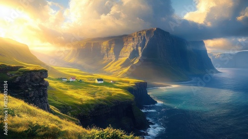 Sunlit coastal cliffs and green grassy plateau with small white cottages, dramatic cloud-filled sky and golden rays over a turquoise sea, peaceful and awe-inspiring mood