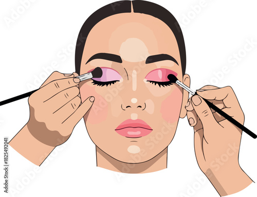 Woman Applying Pink Eyeshadow with Brushes Makeup Close Up Isolated