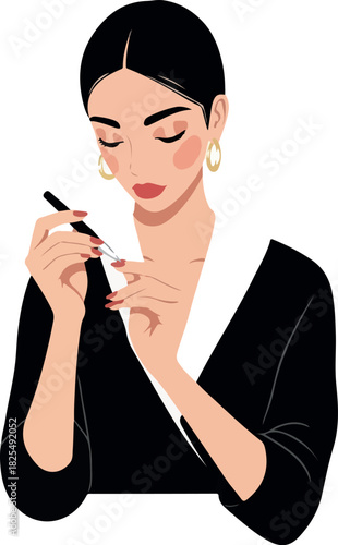 Woman Applying Nail Polish With Red Nails And Black Blazer