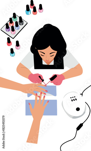 Woman Applying Pink Nail Polish White Background Flat Design Vector