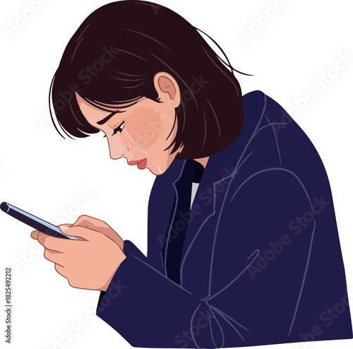 Woman Crying While Looking At Phone Screen Wearing A Dark Blue Blazer