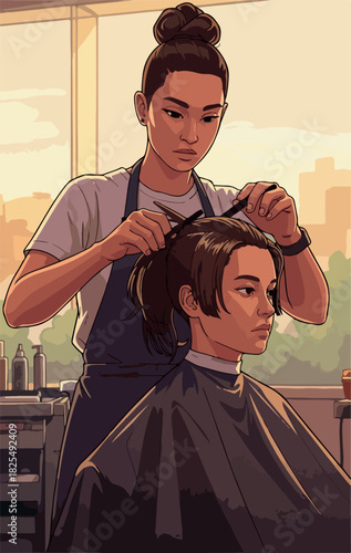 Woman Hairdresser Cutting Hair of Client Indoors Sunny Day