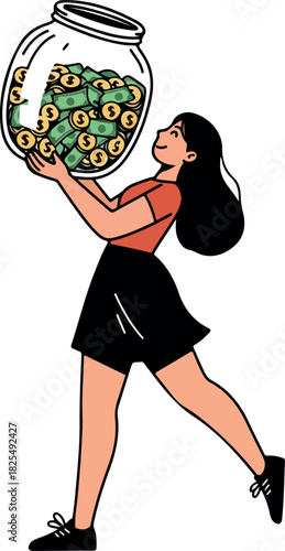 Woman Holding Jar Full Of Money Coins And Bills Minimal Illustration