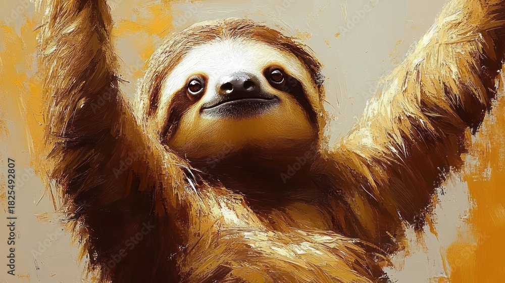 Obraz premium smiling sloth portrait with raised arms, textured golden brushstrokes and warm orange background conveying joyful serene contentment