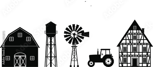 Black silhouette vector illustration of farm landscape elements including barn, water tower, windmill, tractor, and traditional timber house, rural agriculture concept.
