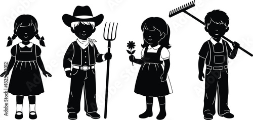 Black silhouette vector illustration of four farm children, including a cowboy boy with pitchfork, girl with flower, and boy with rake, isolated on white.