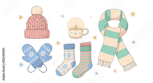 Cozy Winter Accessories Set: Knit Hat, Scarf, Mittens, Socks, and Candle Illustration