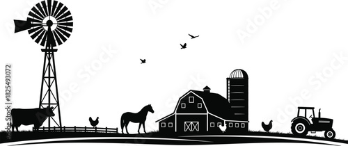 Black silhouette vector illustration of a rural farm landscape with barn, windmill, tractor, horse, and cow, agriculture countryside scenery concept.Black 