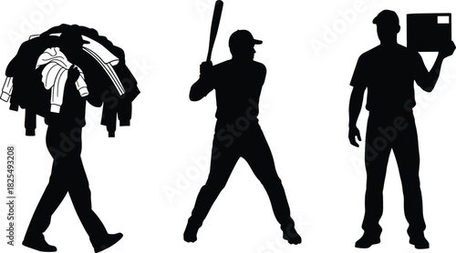 Black silhouette vector illustration set of a man carrying clothes, baseball player swinging bat, and delivery courier holding a package, isolated.