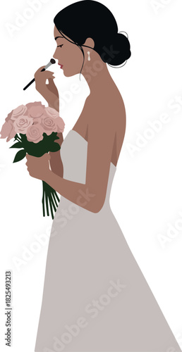 Woman in White Dress Applying Makeup Holding Pink Roses