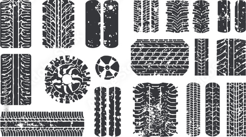 A collection of grunge tire tracks and treads in various designs, perfect for automotive and transportation-themed projects and designs.