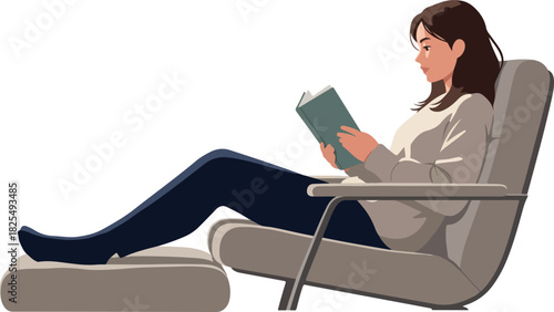 Woman Reading Book Relaxing in Chair with Legs on Ottoman Light Colors