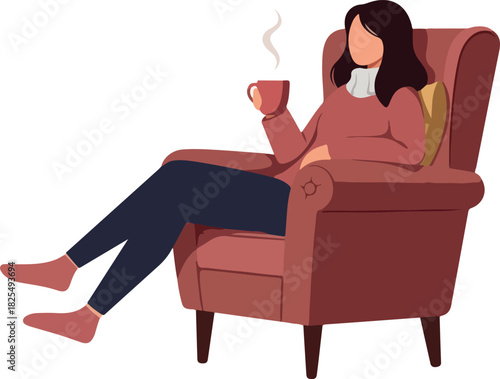 Woman Relaxing in Cozy Armchair With Hot Drink
