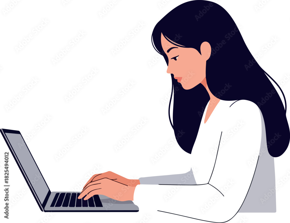 Naklejka premium Woman Typing on Laptop Computer White Background