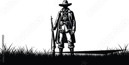 Black vector silhouette of a western cowboy ranger wearing a long coat and hat, standing with a rifle in a grassy field.