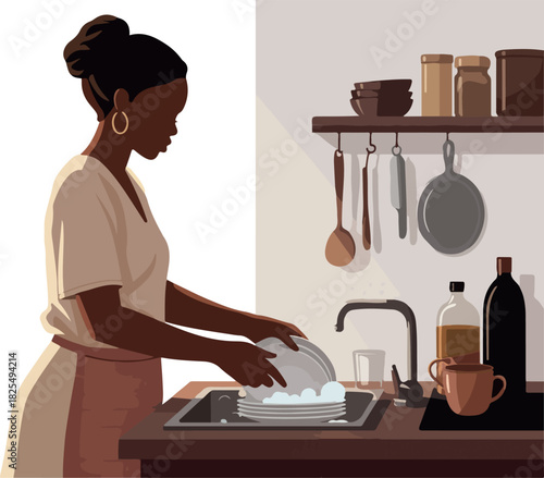 Woman Washing Dishes In Kitchen With Pots And Jars On Shelf