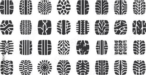 A collection of various tire tread patterns in a repeating grid, showcasing diverse designs for automotive and transportation applications.