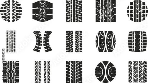 A collection of various tire tread patterns in black and white, ideal for design elements related to transportation and automotive themes.