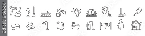 Soap, cleaning, housekeeping and laundry line icon set – editable outline symbols of mop, detergent, sponge, dish, towel and vacuum