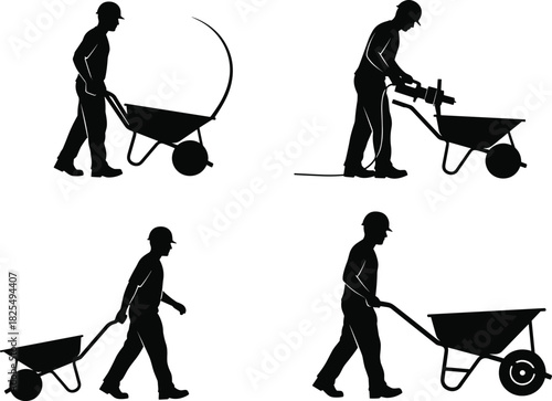 Black vector silhouette set of construction workers pushing wheelbarrows, industrial laborers wearing hard hats and moving heavy loads, isolated illustration.