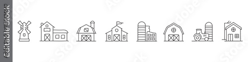 Barn, farmhouse and rural building line icon set – editable outline symbols of windmill, silo, tractor and countryside home