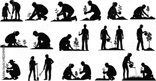 Black vector silhouettes of people planting trees and watering gardens, collection of gardening icons including men women and children working, isolated set.