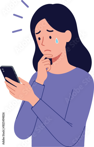 Woman Worried Looking At Smartphone Screen Flat Illustration