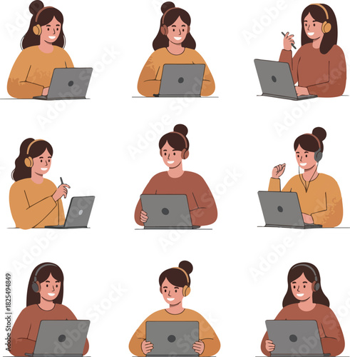 Women Working On Laptops With Headphones In Warm Tones Isolated