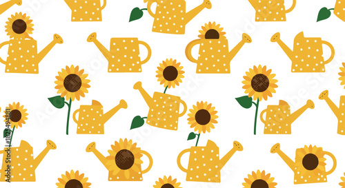 Yellow Watering Cans With Sunflowers Seamless Pattern White Background