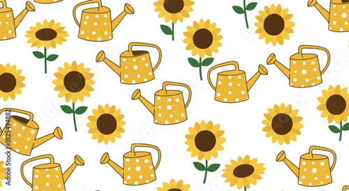 Yellow Watering Cans And Sunflowers Seamless Pattern On White Background