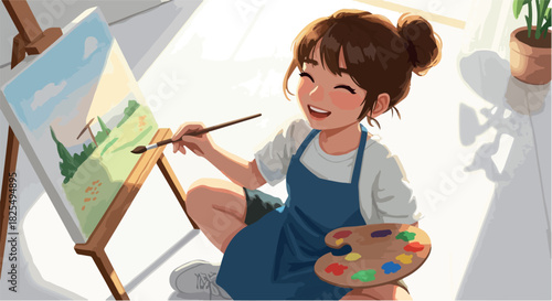 Young Artist Painting a Landscape in Sunlit Room