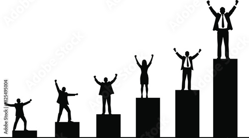 Business people silhouettes cheering on a growing bar chart, symbolizing success, career progress, growth, and achievement, vector illustration.