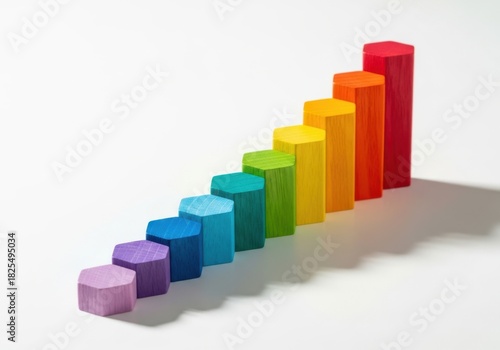 Colorful hexagonal blocks arranged in ascending bar chart isolated on white background