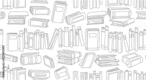 An intricate monochrome illustration showcases a variety of books arranged in a repeating pattern, perfect for educational or literary themes.