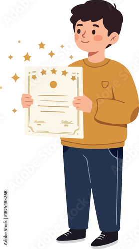 Young Boy Holding Certificate with Stars