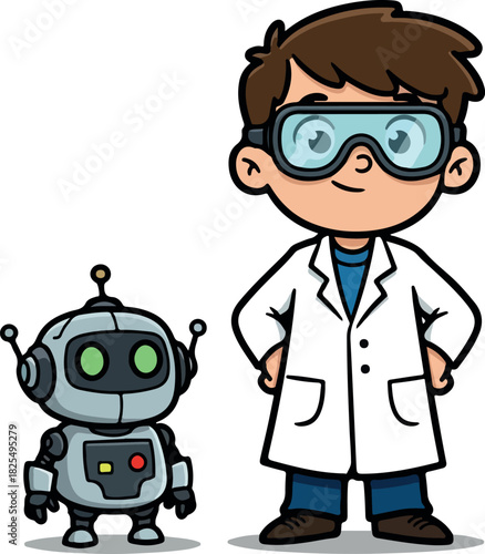 Young Boy Scientist and Cute Robot Friend White Background