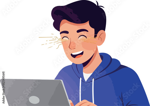 Young Man Laughing With Tears Looking At Laptop Screen