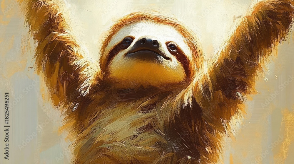 Obraz premium sloth with arms raised in a joyful triumphant pose, soft golden fur and content smiling expression