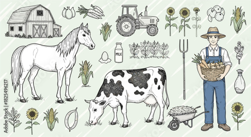 An illustrated farm scene showcases a farmer, animals, and agricultural elements, representing rural life and harvest.