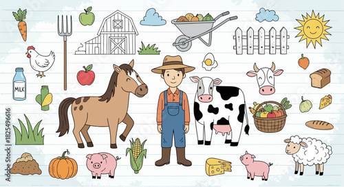 A charming illustration showcases a farmer surrounded by various farm animals and essential elements of rural life, creating a delightful scene.