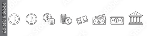 Banknote, bitcoin, income, bank and finance line icon set – editable outline symbols of coin, dollar, money, euro, cash, and bank building