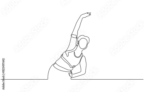 Continuous one line drawing of Woman stretching arms in a relaxing pose isolated on transparent background.