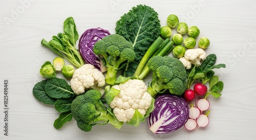 A variety of fresh vegetables including broccoli, cauliflower, kale, and brussels sprouts arranged on a white wooden surface.