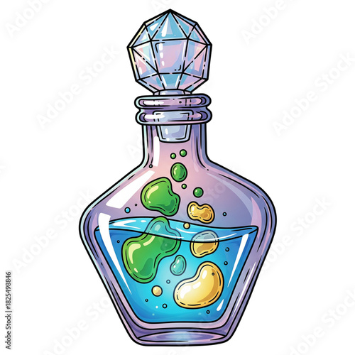 Vector Fantasy Potion Bottle with Asymmetrical Floating Design, Glowing Liquid Core, Crystalline Stopper, and Clean Gradient Outlines