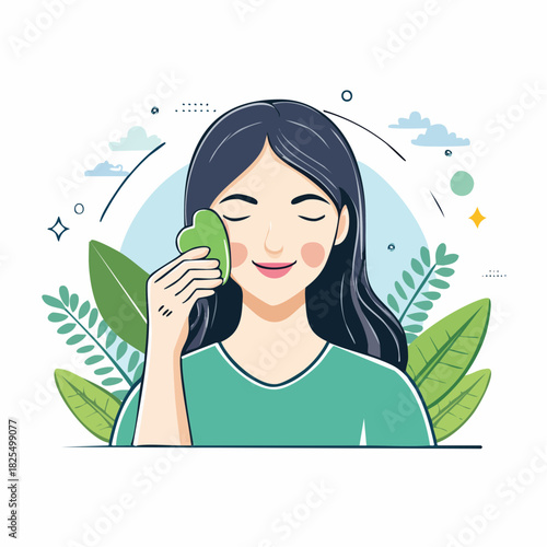 Serene woman enjoying facial massage with jade roller for skin rejuvenation, wellness, and healthy beauty treatments for self care and relaxation