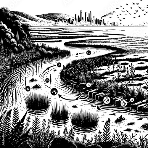 Coastal wetland restoration showing blue carbon sequestration and tidal marsh ecosystem recovery for climate change mitigation
