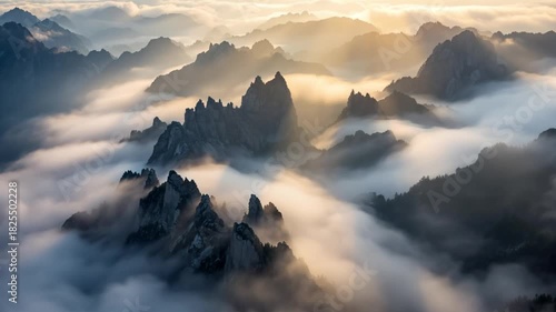Rays of sunlight shine through clouds, casting light over a stunning mountain range in the background